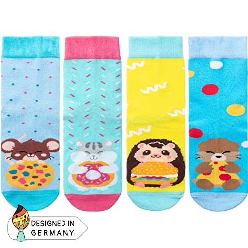 corimori Witzige, lässige Anime Baumwolle Socken 4er Set in plastikfreier Geschenk-Verpackung, Hamster, Otter, Igel, Maus, 36-42