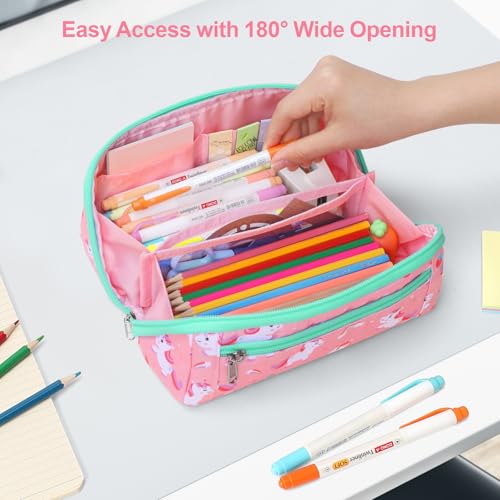 Image of Large Pencil Case for Girls, Aesthetic Kids Pencil Pouch for School, Wide Opening Organizer Box with Handle, Fits 50 Pens & Markers (Pink Cute Unicorn)
