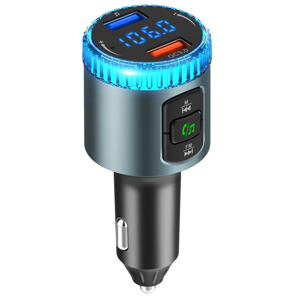 Transmisor FM Bluetooth para coche, 12V ~ 24V, cancelación de ruido, reproductor MP3, 7 colores, adaptador de cargador LED compatible con QC 3.0, carga rápida, manos libres, tarjeta TF, memoria USB