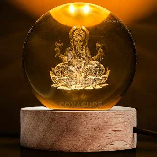 Image of COVACURE 3D Ganesh Crystal Ball Night Lamp, Crystal Ball Night Light with USB, LED Wooden Base Table Lamp for Bedroom Home Office Decor Birthday Gift for Boys Girls (Ganesha 3D Lamp)