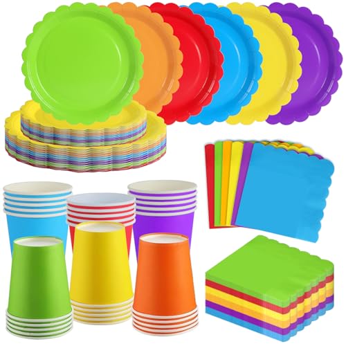 ZblPyro Colorida louça aniversário para 30 convidados com pratos cartão ondulados 23 cm e 18 cm, copos de papel e guardanapos. Ideal para festas infantis e aniversários.