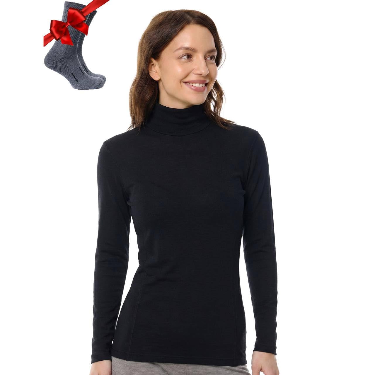 Couche de Base 100% Laine Mérinos pour Femme - Haut Thermique à Col Roulé et Manches Longues, Poids Moyen avec Chaussettes