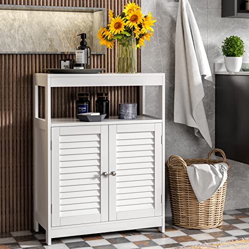 Tangkula Bathroom Storage Cabinet, Freestanding Floor Cabinet w/Double Shutter Doors & 3-Position Adjustable Shelves, Wooden Bathroom Organizer for Living Room (White)