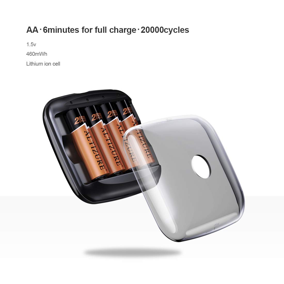 ALTIZURE 15 Minutes Full,20000 Cycles Rechargeable AA Battery Charger with 4 AA Rechargeable Lithium Ion Batteries（with USB Charger and Charging Cable）