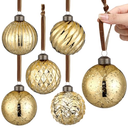 Suncalla 6 Pcs Gold Vintage Mercury Glass Christmas Ornaments 3.15