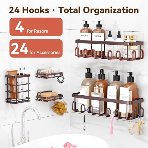 Image of YASONIC Shower Caddy Adhesive, 100% Rustproof Shower Organizer with Soap and Toothbrush Holder, Large Capacity Shower Shelves for Inside Shower, No Drill Shower Storage for Home (5 Pack Bronze)