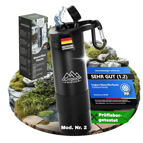 OutdoorFriends - Wasserfilter Outdoor Survival - Wasserfilter Flasche - Trinkflasche mit Filter - Wasseraufbereiter Trinkwasser [EasyPress] 0,01 µm 2000L Filterkapazität entfernt 99,9% Bakterien