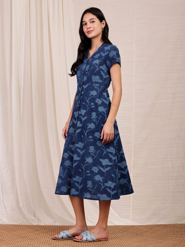 Image of Pink Fort Women Casual Cotton Handblock Dabu Floral Dress | A-Line Fit Short Sleeve 2 Functional Pockets | Navy Blue