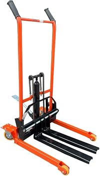 Foldable Hydraulic Material Lift Winch Stacker, Manual Lift Stacker Forklift 35 in Lift Height 440 Lbs Maximum Load Capacity Adjustable Forks and Fixed Legs Swivel Casters for Warehouse Workshop