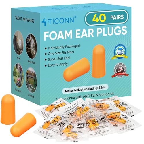 TICONN 40 Pairs Foam Ear Plugs Hunting Earplugs Individually Wrapped 32dB NRR Noise Reduction Ear Plugs for Sleeping Fishing Passive Hearing Protection Travel Study Concentration (40Pairs)