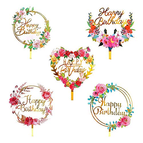Primst Cupcake Topper Set,5 Piezas Decoración para Tarta Acrílico Flor Happy Birthday Cake Topper,para Suministros para Hornear, decoración de postres de Cupcakes Cover