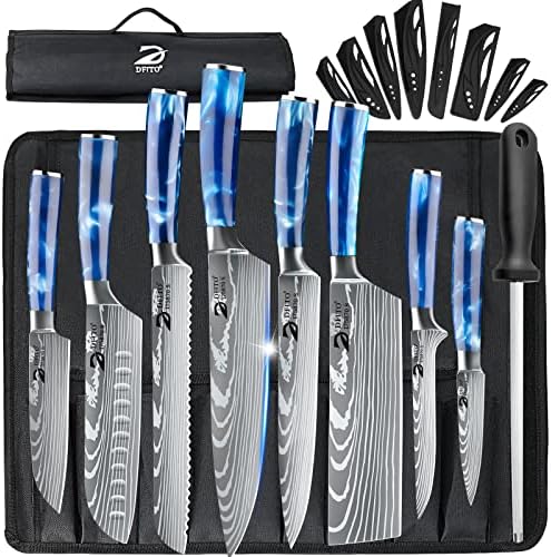 Dfito Chef Knife Set with Bag, 9 Pieces Sharp Knife Set, High Carbon Stainless Steel Kitchen Knife Set, Dishwasher Safe