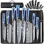 Dfito Chef Knife Sets with Roll Bag, 9 Pieces Professional Knife Set, High Carbon Stainless Steel Kitchen Chef Knife Set, Blue Resin Handle, Dishwasher Safe