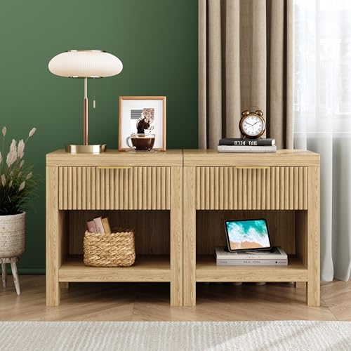 NRITOBY Nightstand Set of 2, Mid Century Modern Wooden Farmhouse Fluted Cabinet Bedside Cabinet, Boho End Table Side Table with Storage Drawer and Open Shelf, for Living Room, Office (Natural)
