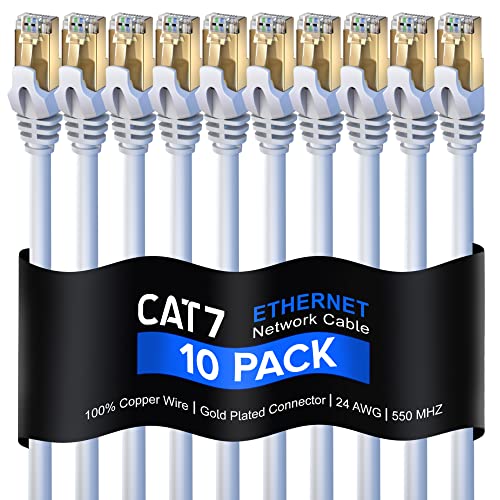 Cat 7 Ethernet Cable 75 ft - (10 Pack) High-Speed Cat7 Internet & Network LAN Patch Cables, RJ45 Connectors - Perfect for Gaming, Streaming, and More (White)