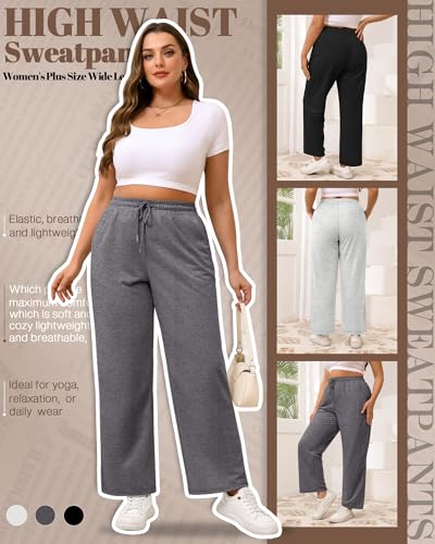 Neer 3 Pack Women's Plus Size Sweatpants Wide Leg Cargo Lounge Pants High Waist Ladies' Slacks Drawstring Jogger with Pockets3