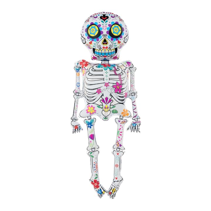Image of AMFIN (Pack of 1) The Dead Skeleton Foil Balloon - 62 Inch Giant Halloween & Dia de los Muertos Decoration | Sugar Skull Balloon with Colorful Prints -Multicolour