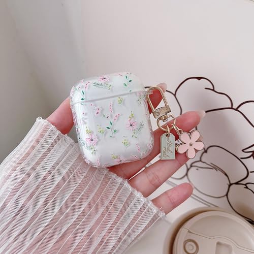 Image of MINSCOSE Compatible with AirPods 1&2 Clear Case, Cute Cartoon Flower Pattern Design with Aesthetic Floral Keychain Soft TPU Protective Shockproof Cover for AirPods 1&2 for Women Girls-Pink