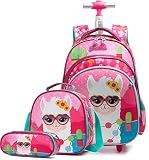 Sac à Dos Roulette Fille Primaire, Trolley Bag 2 en 1 Sac Sport Fille Cartable à Roulette Bagages Cabine Loisir Voyage,Sac à Lunch Trousse 42x30x19cm