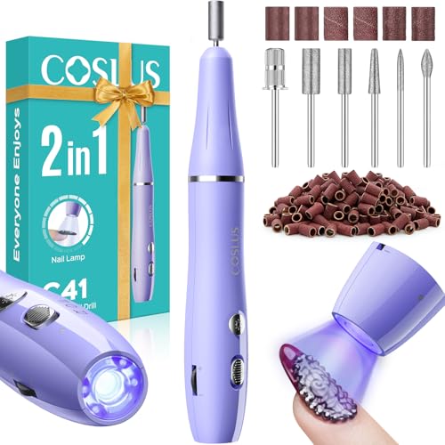 COSLUS Cordless Nail Drill Electric: 2-in-1 Nail File with Flash Cure for Acrylic Gel Dip Powder...