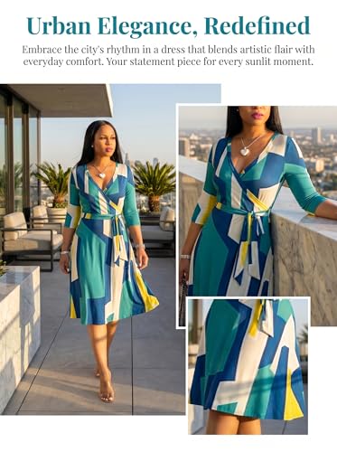 Image of Womens Plus Size Summer Dresses Sexy V Neck Midi Dress Faux Wrap Dress 3 /4 Sleeve Boho Casual Floral A-Line Skirts
