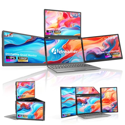 ADREAMER 13.3" Triple Screen Laptop Monitor Extender, Detachable 3 Screen Monitor for Laptop 13"-16", 1920x1200 IPS 16:10, 1 Cable for 3 Displays, Compatible with Wins/Mac.