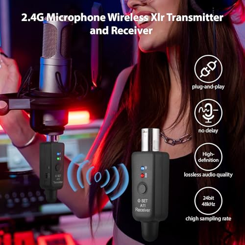 HXBER Sistema de Micrófono Recargable Inalámbrico 2.4G con Transmisor y Receptor XLR para Mezcladora de Audio, Guitarra Eléctrica, Bajo y Parlante PA, Modos Ajustables, Micrófono Dinámico miniatura 6