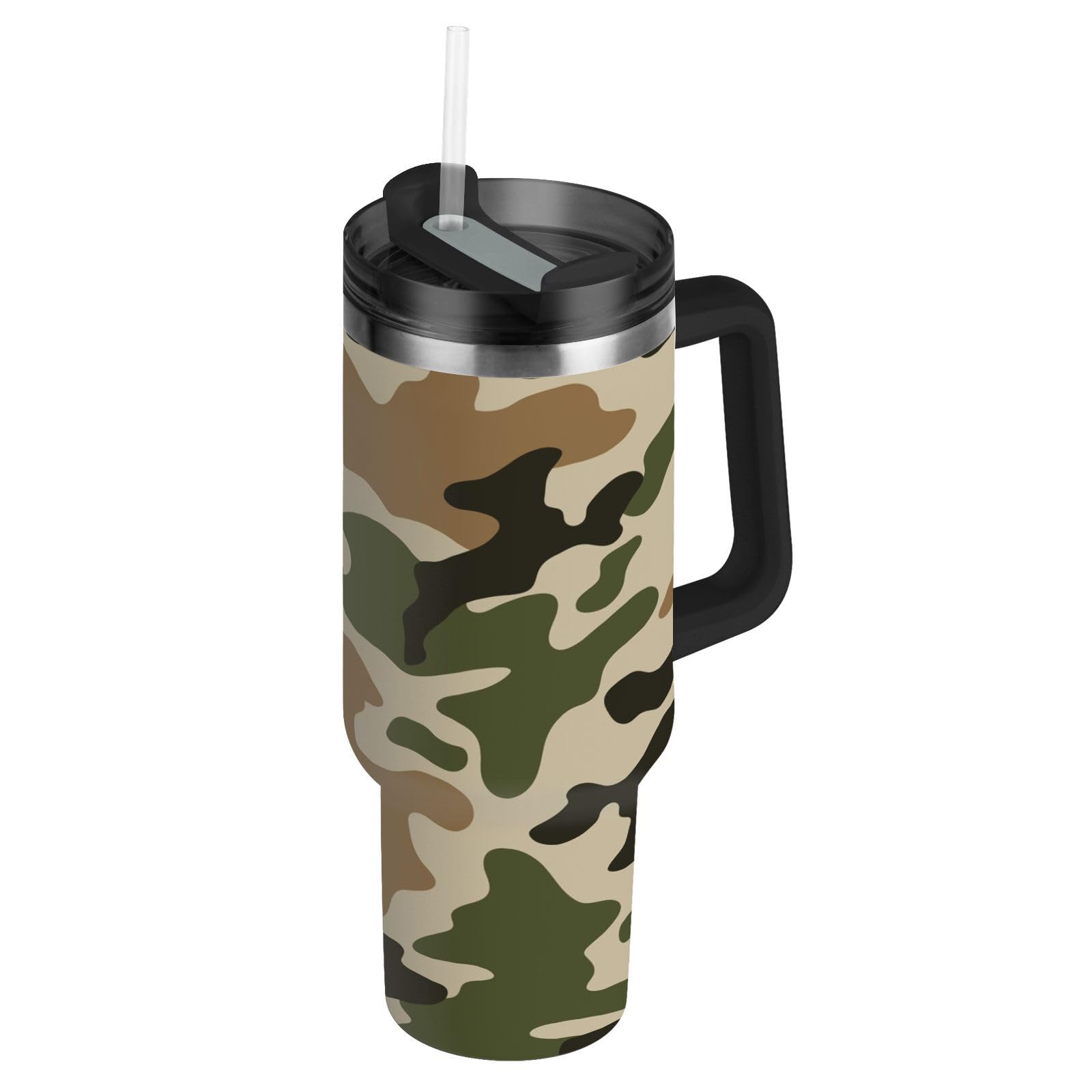 Isolierter Trinkbecher, doppelwandig, Edelstahl, Thermobecher, Reisebecher mit Griff, Strohhalm-Deckel, Camouflage, Grün