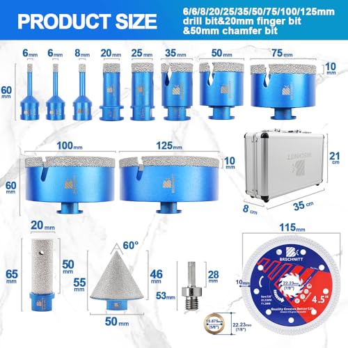 Image of Diamond Core Drill Bit Set - BRSCHNITT Tile Hole Saw Kit 1 /4 inch*2 /5 /16 inch /4 /5 inch 1 inch 1-3 /8 inch2 inch /3 inch /4 inch /5 inch& 4 /5 inch Finger Bit & 2 inch Chamfer Bit for Porcelain Tile Ceramic Marble Granite Diamond Blade & Adapters.