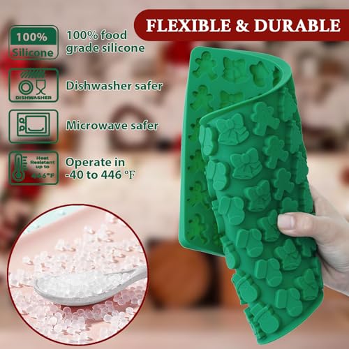 Image of HKNMTT Mini Christmas Candy Molds, Silicone 72 Cavity Chocolate Mold, Tree Santa Snowman Stocking Bell Gingerbread Shape Gummy Making Set, Food Grade for Gifts Cookies Dog Treats