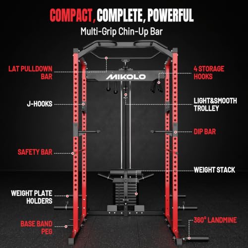 Image of Mikolo F4 2.0 Power Cage with Dual-Track Smooth Pulley System, 1200LBS Power Rack with Leg Hold-Down for Heavy LAT Pulldowns