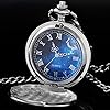 Tiong Silver Pocket Watch Smooth Steel Blue Starry Design Roman Numerals Quartz Pocket Watch with Chain Father Day Birthday Gift #1