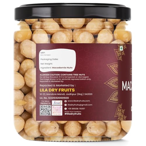 Image of LILA DRY FRUITS Premium Macadamia Nuts 500 g | Fresh, Buttery & Crunchy | Natural, Unroasted & Unsalted | Ideal for Snacking, Baking & Cooking | Dry Fruits Exotic Nuts Perfect for Gifting | Jar