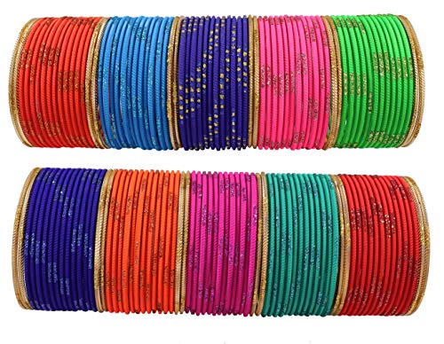Image of NMII Stylish Multi colour Metal Bangles set for women and Girls with Zari and Cutting Design | Fancy Multicolour Bangles for women | Metal Chudi Set For Women | Women's Bangles