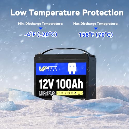 Image of WattCycle 12V 100Ah LiFePO4 Deep Cycle Battery - BCI Group 24, 15000 Cycles, 100A BMS, -4℉ Protection for RV Boondocking, Golf Cart, Marine & Home Energy Storage with 12V 20A Charger