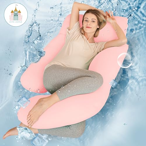 Image of Cute Castle Cooling Cover Pregnancy Pillows, Soft U-Shape Maternity Pillow with Removable Cover - Full Body Pillows for Adults Sleeping - Pregnancy Must Haves - Jumbo 57 Inch - Pink