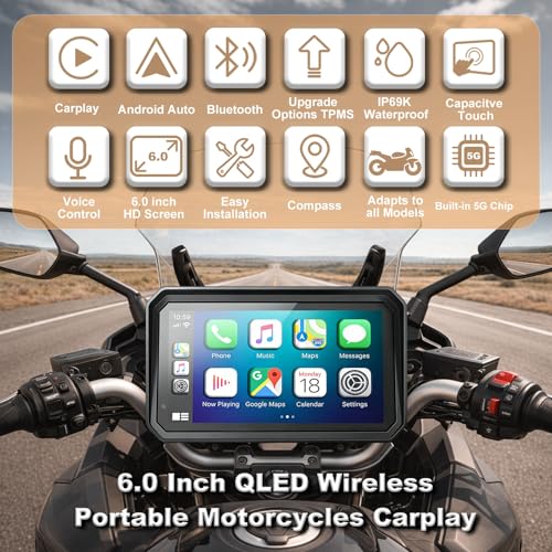 Image of 2026 YZW Motorcycle Carplay 6 Inch HD Touchscreen with TPMS, Wireless iOS /Android Auto, GPS Nevigation System, Supports Bluetooth, Siri, Google Assistant, Vioce Control, USB Cable, IP69K Waterproof