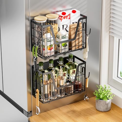 Image of 4-Pack Magnetic Fridge Shelf, Black Fruit Basket Potato Storage | Magnetic Shelf Refrigerator Organizer for Fruit & Veggie, Potato Onion Storage Bin; Multi-Use For Kitchen, Pantry & Laundry