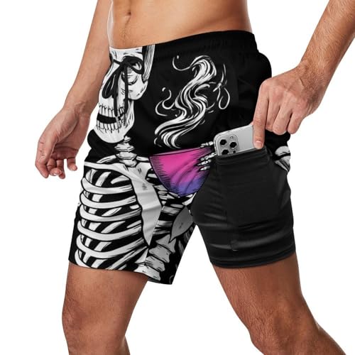 Men & Boys Fit Swim Trunks for Beach Athletic Hiking Quick Dry Drawstring Essentials Half Pants with Pockets Lining, Beachwear Skull Skeleton Bisexual Pride Flag Art Fashion Swim Trunks