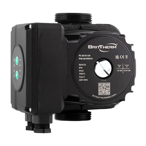 BritTherm P2 25/10-130 Central Heating Circulator Pump Cast Iron 130mm ERP Ready 10m Head 4.5m³/h Flow Energy Efficient Automatic Variable Speed Boiler Radiator Hot Water Circulation Pump