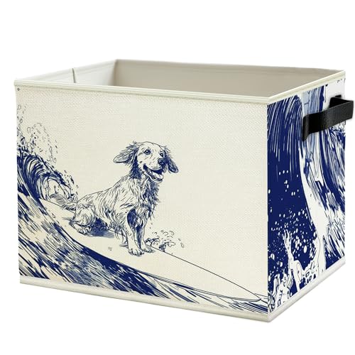 Image of Navy Blue Coastal Dog Storage Bins Box with Handles, Dog Lovers Gifts for Women Men, Nautical Surfing Dogs Collapsible Basket Organizer for Bedroom Bathroom Books Clothes