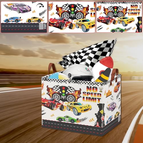 Image of Race Car Storage Basket for Boys, 36L Waterproof Toy Clothes Storage Bin with Speed Limit Sign, Car Themed Room Decor for Nursery, Bedroom, Bathroom, Checkered Design Kids Laundry Hamper