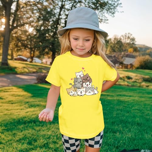 Image of KEEVICI Cute Cartoon Cat Shirts for Girls Kids Graphic Tees Kawaii Animal Pattern T Shirt Cotton Crewneck Summer Loose Tops