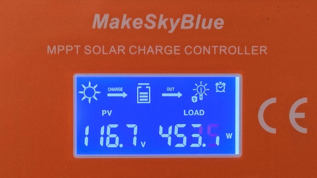 MakeSkyBlue 60A MPPT Solar Charge Controller LCD Display showing real-time data