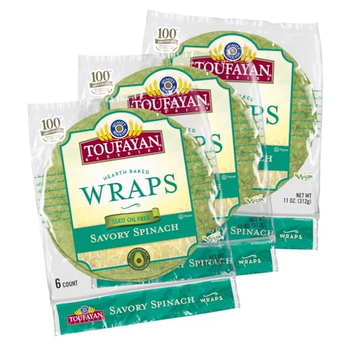Toufayan Spinach Tortilla Wraps, 9' – Seed Oil Free, Made with Avocado Oil | Soft, Pliable, Vegan - Perfect for Sandwiches, Burritos & Meal Prep (3 Pack, 18 Total)
