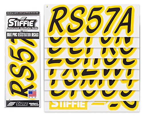Image of Whipline Solid Black /Yellow 3 inch Alpha-Numeric Registration Identification Numbers Stickers Decals for Boats & Personal Watercraft