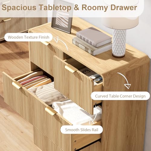 Image of QUW Fluted 5 Drawers Dresser for Bedroom, Modern 40.2 inch Tall Drawer Dressers with Metal Handle, Wooden Chest of Dresser for Living Room, Hallway, Solid Wood Legs, Curved Profile Design, Natural Oak