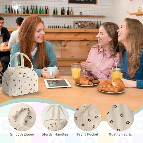 Image of SVH Large Capacity Lunch Bag for Women & Kids | Corduroy Thermal Insulated Food Tote with Front Pocket & Carry Handles for School, Office & Travel (Corduroy Bow)