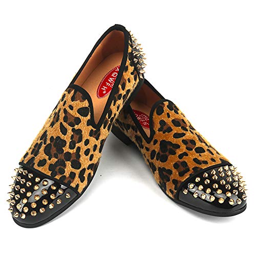 Mens Leopard Loafers Leather Embroidery Spiked Slip on Dress Shoes