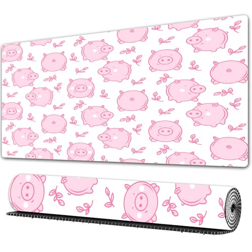 FEHWI - FEHWI Mauspad 90×40 cm Verlängertes großes Mauspad Schreibtischauflage,Muster mit Schweinen für Kinder auf weißem Hintergrund,genähte Kanten Gaming Mauspad,rutschfeste Gummibasis
